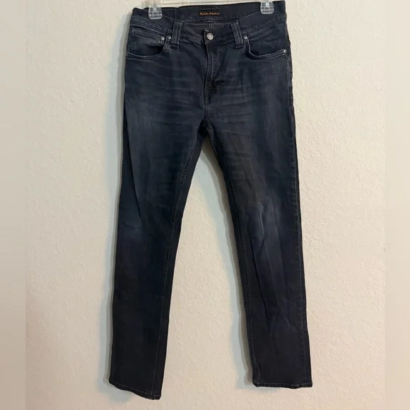 Nudie Jeans Men's Thin Finn Organic Black and Grey Dark Denim Skinny Jeans